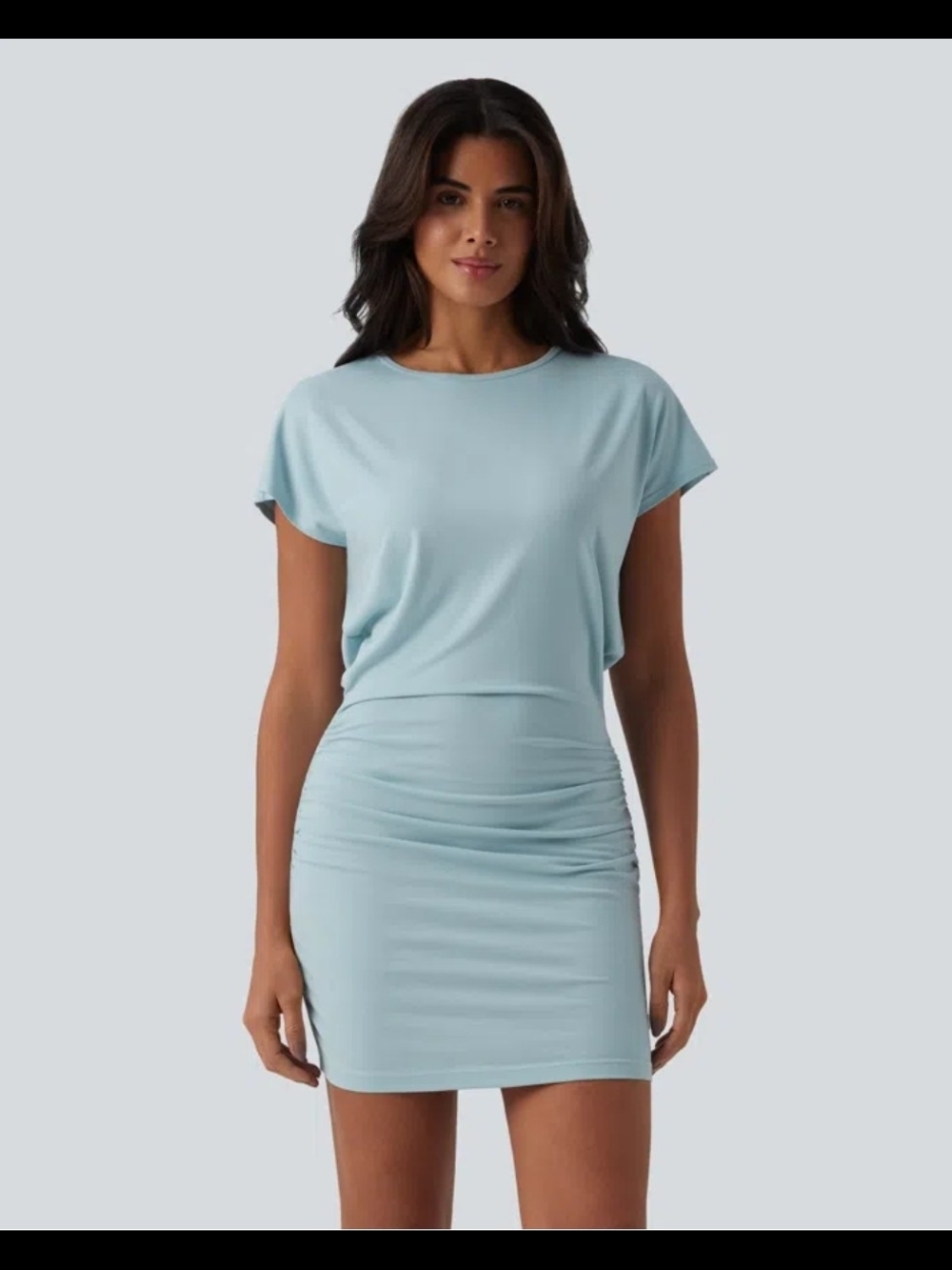 Halara Round Neck Short Sleeve Bodycon Ruched Mini Dress Sterling Blue L NWOT